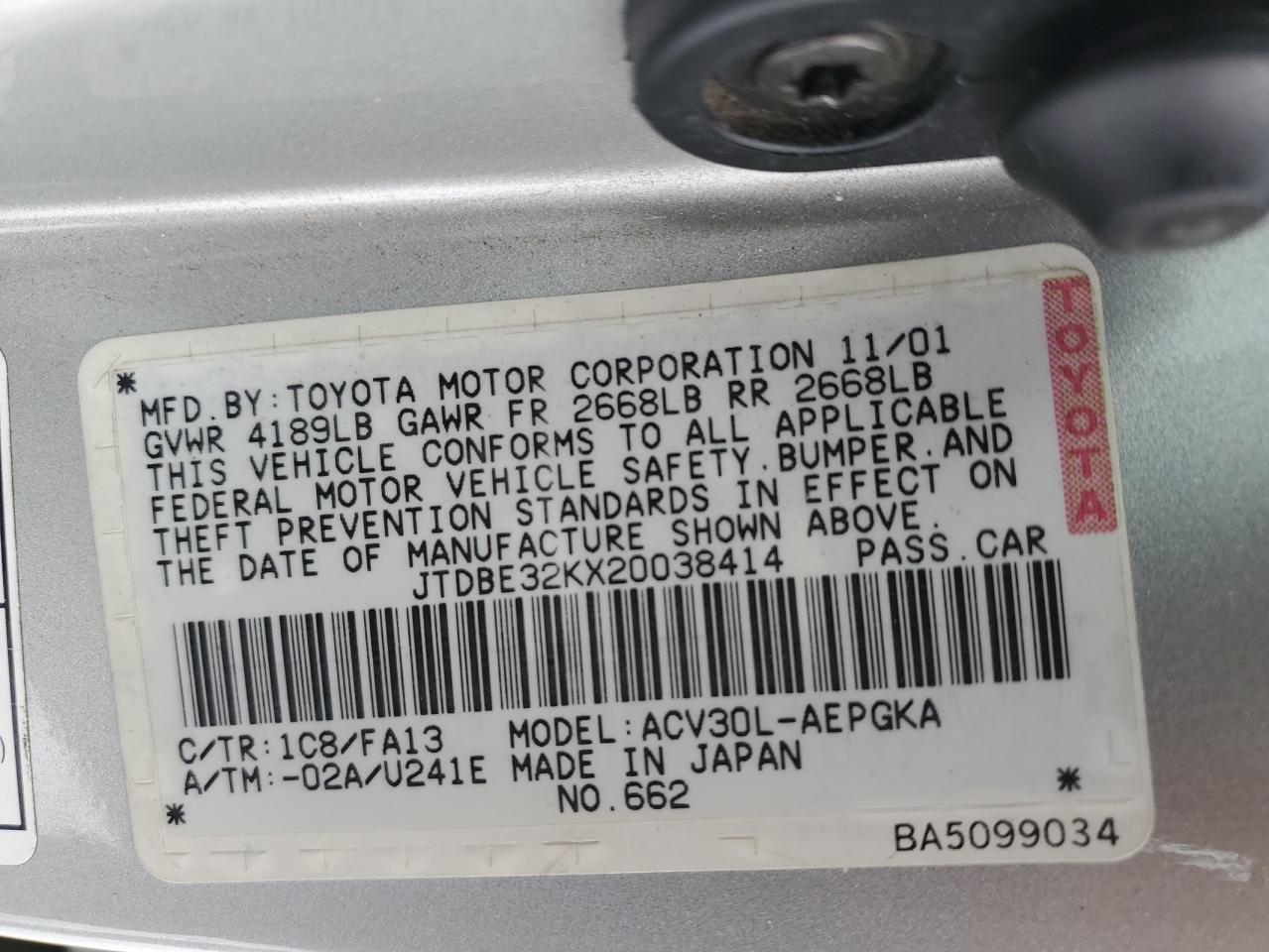 2002 TOYOTA CAMRY for Sale