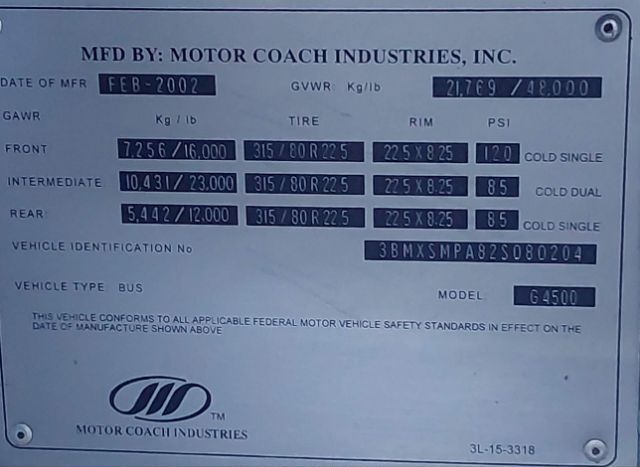 2002 MOTOR COACH INDUSTRIES TRANSIT BUS for Sale