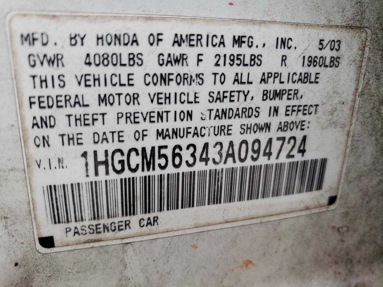 2003 HONDA ACCORD for Sale